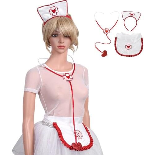 Women Female Doctor Nurse Cosplay Costume Accessories Nurse Hat Headband Stethoscope and Apron for Halloween Theme Party Costume