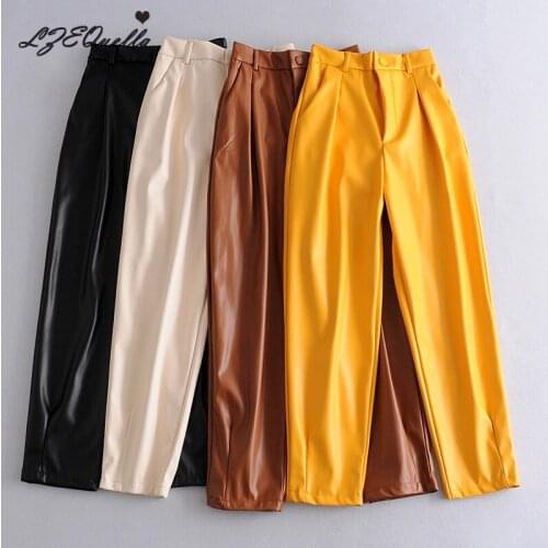 LZEQuella Office Lady High Waisted Straight Leather Trousers Women Zipper-Up Casual PU Leather Pants Female Black White Pants