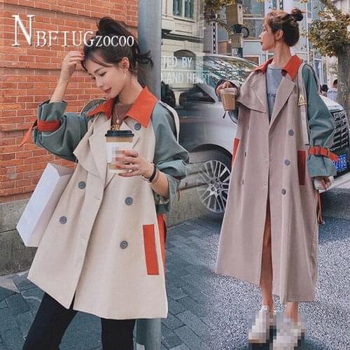 Contrast Color Patchwork Women Trench Long Style 2021 Spring Autumn Korean Loose Female Overcoat