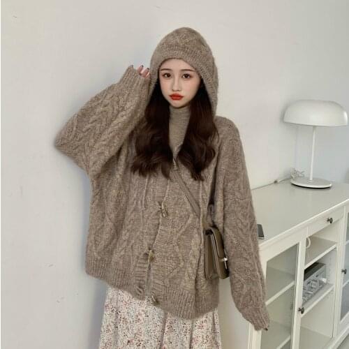 Women Winter Loose Cozy Twist Short Sweater Coat Jacket Hooded Knitted Cardigan Overcoat Full Sleeve Horn Buttons