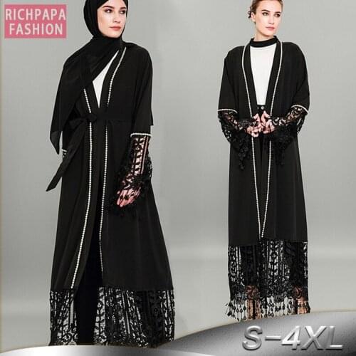 Plus Size Maxi Kimonos Mujer 2019 Muslim Abaya Women Long Beading Lace Patchwork Cardigan Dubai Turkish Islamic Prayer Clothing