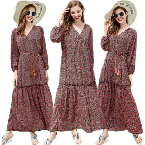 Women Red Flower Print Long Dress V-neck Long Sleeve Maxi Dresses Holiday Casual Loose Size L-3XL Vestido Fashion Ankle Length