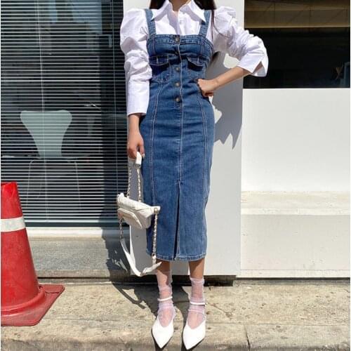Women Dress Fashion Denim Strap Sleeveless Button Solid Split Vestidos Korean Preppy Style Girls Dresses