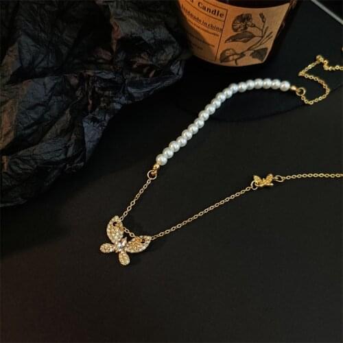 10pcs / lot fashion jewelry gold metal chain cute pearl butterfly necklace
