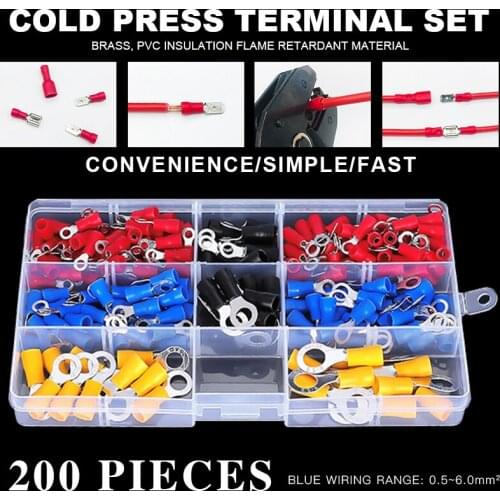 200PCS RV Ring Terminal Electrical Crimp Connector Kit Set With Box,Copper Wire Insulated Cord Pin End Butt