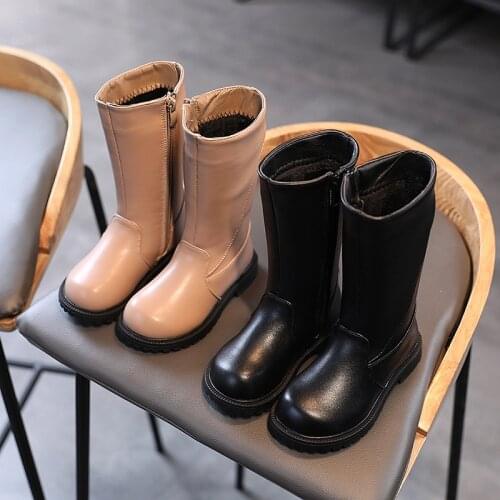 2021 Children fashion high boots boys girls plus velvet warm romman boots pure classic black quality mircofiber upper baby shoes