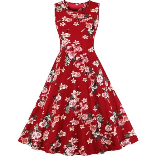 2021 Sleeveless Women Rockabilly Dress Casual Floral Elegant Retro Vintage 50s 60s Robe Femme Swing Pinup Vestidos Party Dresses