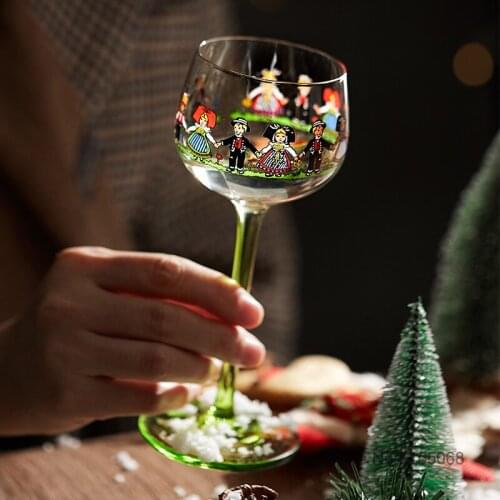 Nordic HANSI Style Alsace Kids Wineglass Sherry Goblet Festival Party Liqueur Glass Folk Hand Painting Green Rod Cocktail Cup