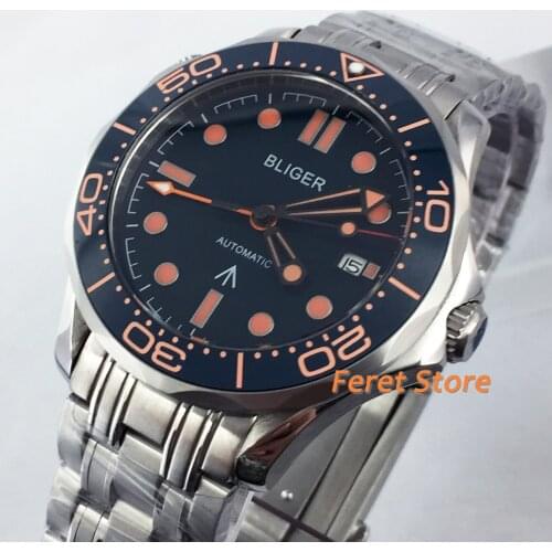 Bliger 41mm Mens Watches top Luxury Sapphire Glass Stainless case Date black dial Window Waterproof Automatic GMT Movement watch