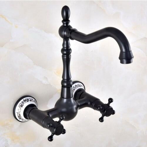 Black Oil Rubbed Bronze Bathroom Kitchen Sink Faucet Mixer Tap Swivel Spout Wall Mounted Two Handles mnf850