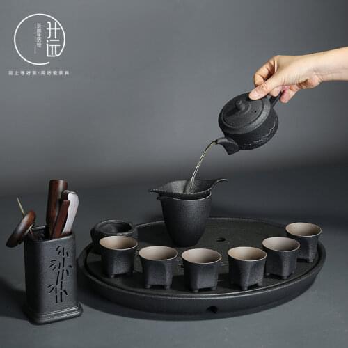 Black crude pottery lotus flower antique Japanese style teapot kung fu tea set single pot household simple filter kettle teaware
