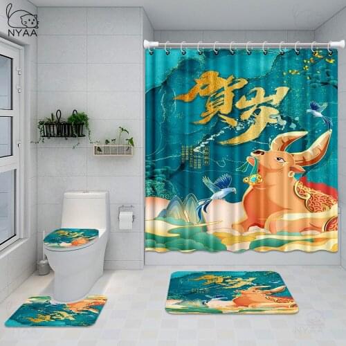 Chinese Zodiac Sign Year of Ox Bathroom Decor Japanese Art Bathroom Shower Curtains Set Rastafarian Bath Rug Mats Carpet Toilet