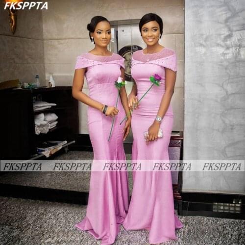 Long Pink 2021 Mermaid Bridesmaid Dresses Short Sleeves Beads Satin Elegant African Maids Gowns For Wedding Party Whoeslae