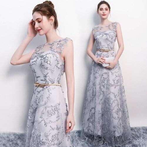 Elegant Dress 2020 Gray Champagne Lace Sleeveless A-line Floor Length Vestidos for Formal Gown Plus Size Robe De Soiree