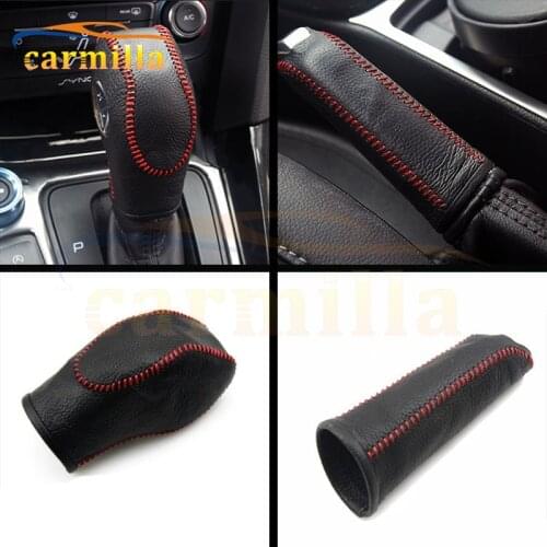 1Pc Leather Shift Knob Cover Gear Head Covers Hand Brake Cover for Ford Focus 3 MK3 AT LHD 2012 Black with Red Line Accessories