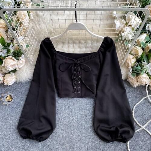 Y2k Puff Long Sleeve Black Crop Tops Streetwear Women Female Clothing White Cropped Blouse Casual Off Shoulder Tees Clothes