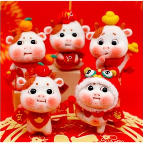Pendant doll gift new year zodiac ox wool needlepoint kit wool felt needle felting decoration craft needlecraft DIY handmade