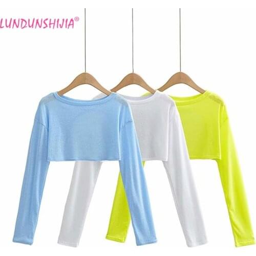 LUNDUNSHIJIA Summer Women Long Sleeve Fluorescent Yellow Perspective Crop Tops Ladies Backless Sun Protection Female T-shirt