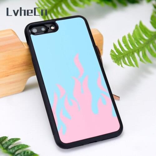 LvheCn Silicone Rubber Phone Case Cover for iPhone 6 6S 7 8 Plus X XS XR 11 12 Mini Pro Max Pink + Blue Flames