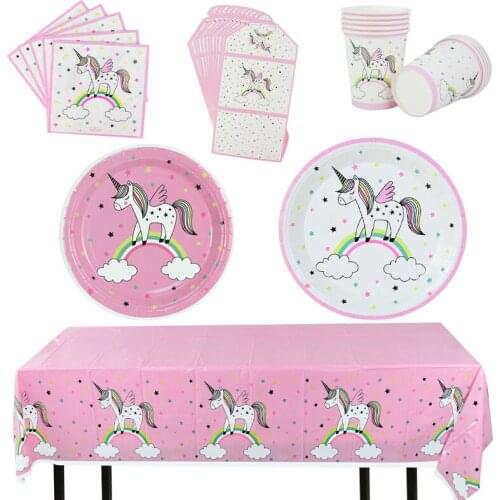 Cute Rainbow Unicorn Disposable Tableware Unicorn Party Supplies Paper Plate Cups Napkins Baby Shower Girl Birthday Party Decor