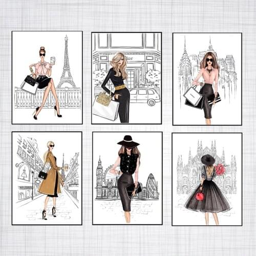 Fashion Paris Posters And Prints Watercolor Eiffel Woman Canvas Painting Girly Wall Art Pictures Living Room Modern Home Decor