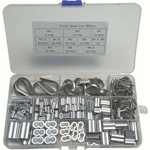 265 Pieces of 304 Stainless Steel Wire Cable Thimble Combination and Aluminum Crimping Ring Sleeve Sorting Kit