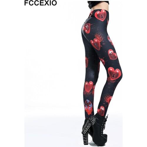 FCCEXIO New Women Pink Loves Leggings High Waist Workout Pants Fitness Legging Blood Heart Black Printed Leggins Lady Leggings