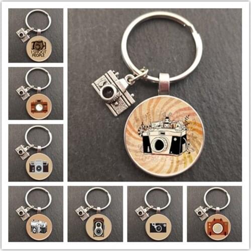 New Retro Camera Glass Convex Round Keyring Fashion Model Pendant Keychain Photos Gift Cute Pattern Souvenir Charm Bag Men Women