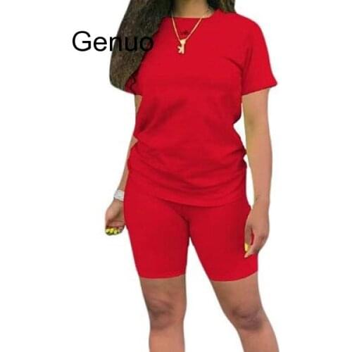 Two-piece Solid Color Womens Clothing. Short-sleeved Crew Neck T-shirt And Tight-fitting Shorts. Simple Style Tracksuit Outfit