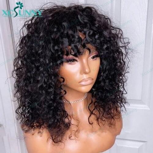 Loose Deep Wave Wig O Scalp Top Full Machine Made Human Hair Wigs With Bangs Remy Brazilian Deep Wave Wig For Women 24" Xcsunny
