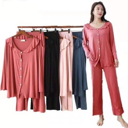 Womens Modal Pajamas Set Soft Lotus Leaf Lapel Cardigan Solid Color Sleepwear Two-piece Summer &autumn Casual Soft Homewear