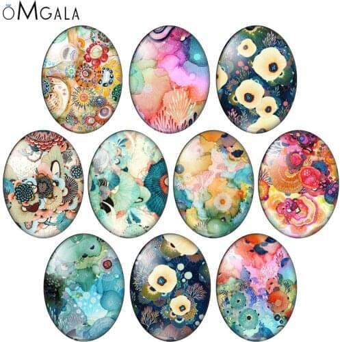 Colorful Sea Flowers Texture Patterns 10pcs 13x18mm/18x25mm/30x40mm Oval photo glass cabochon demo flat back Making findings