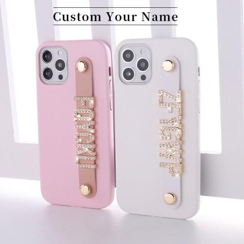 Luxury Personalise Initial Name PU Leather Phone Case For iPhone 11 12 Pro Mini Max X XR XS 7 8Plus Diamond Metal Letters Cover
