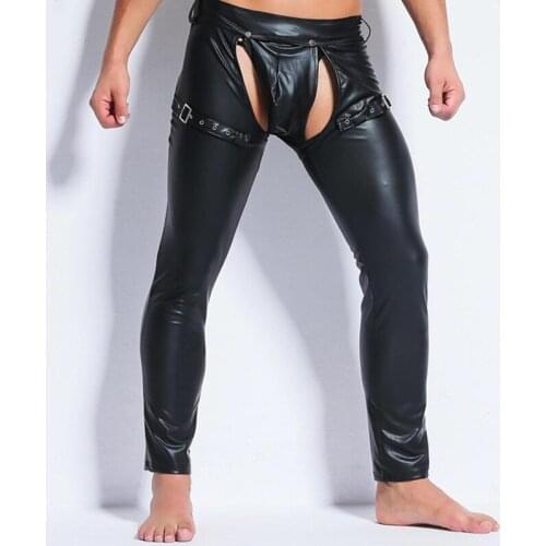 Sexy Men Skinny Faux PU Leather Pants Wetlook Black Trousers Nightclub Stage Performance Singers Dancer Open Front Leather Pants