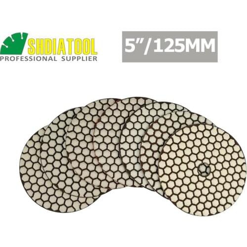 SHDIATOOL 7pcs Dia 5"/125mm diamond dry polishing pads Resin bond flexible sanding discs granite ceramic abrasive polisher pad