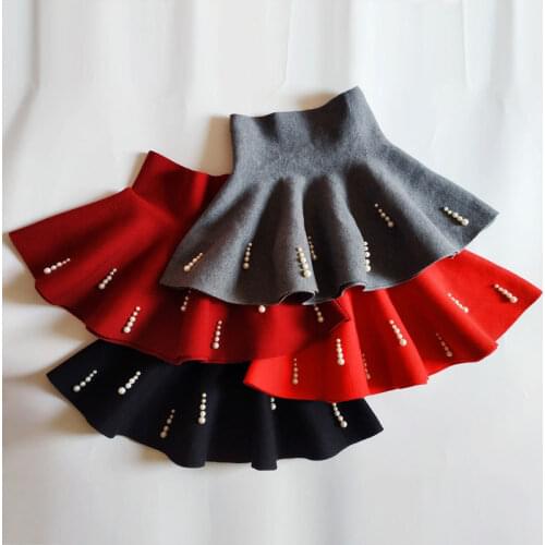 School Knit Pleated Girls Skirt autumn winter pearl Childrens Clothing girls Skirts Red High Waist Kids Teen Girl Ruffle Skirt