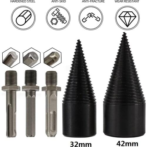 Hex Shank Firewood Splitter Machine Drill Wood Cone Reamer Punch Driver 32mm/42mm Step Drill Bit Woodworking Split Drill Tools