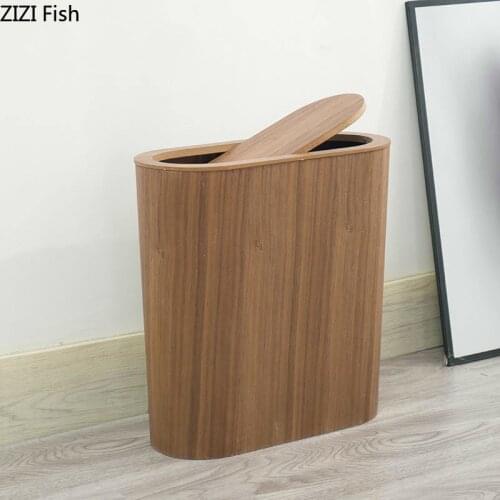 9L Trash Office Wooden Trash Can Creativity Swing Cover Waste Bin Japanese-style Home Living Room Wastebasket Storage Bucket