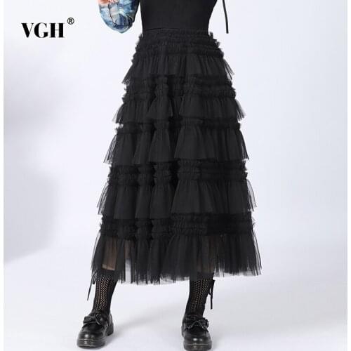 VGH Elegant Black Patchwork Ruffle Mesh Skirts For Women High Waist Slim A Line Midi Ball Gown Female 2021 Summer Korean Fashion