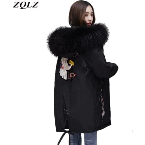 ZQLZ Winter Jacket Women 2020 New Embroidery Casual Hooded Warm Cotton Padde Coat Female Loose Black Long Parka Mujer