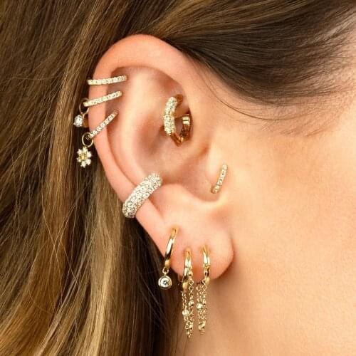 Trendy Punk Long Chain Gold Huggie Earrings for Women Korean Fashion Small Crystal CZ Double Circle Hoop Earrings 2020 Hot Sale