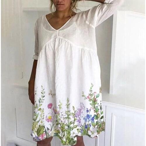 2021 Fall Long Sleeve Floral Print Dress Spring V-neck A-neck Ladies T-shirt Dress Retro Loose Fashion Mini Dress Vestido