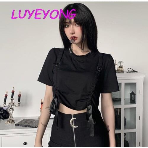 Cargo Black Cool Women T-shirt 2020 Summer Lady Drawsting Adjustable Ribbon Shir Goth Tshirt Hipster New Top O Neck Short Sleeve