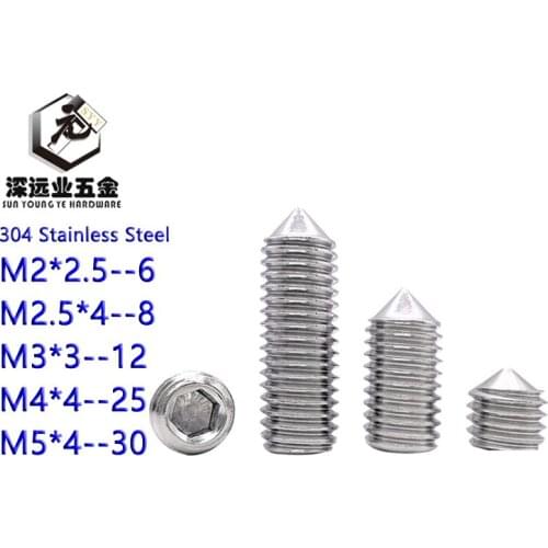 DIN914 Set Screws M2 M2.5 M3 M4 M5 304 Stainless Steel Grub Screws Cone Point Hexagon Hex Socket Set Screws