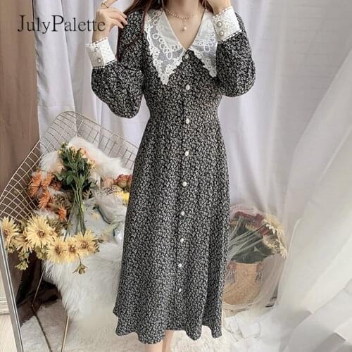 JulyPalette Vintage V-neck Lace Patchwork Women Lantern Sleeve Dress 2021 Fall Casual Button Sashes Slim Female Floral Vestidos