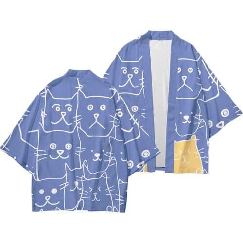 Harajuku Japanese Fashion Kimono kitten Printed Men and Women Cardigan Blouse Haori Obi Asian Clothes Samurai Shirt