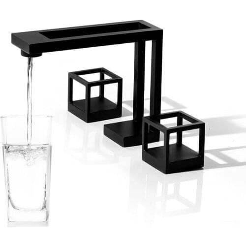 Matte Black Square Grid Bathroom Sink Water Tap Faucet 3 Holes 2 Handle Deck Mounted Hot & Cold Basin Water Mixer
