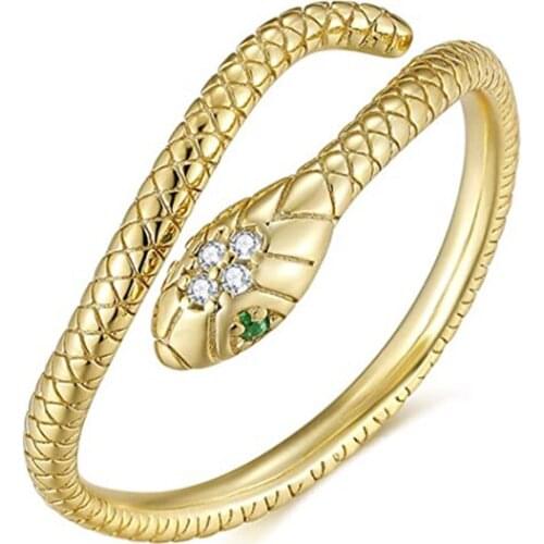 Cute Dainty Green Eyes CZ Crystals Open Adjustable Snake Ring For Men Women Gold Plated Brass Plain Jewelry