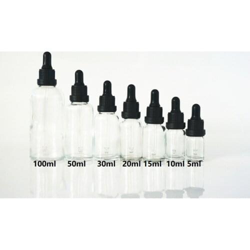 5/10/15/20/30/50/100ml Reusable Portable Essential Oil Bottle Black Rubber Head Dropper Cap Black Cover Clear Cosmetic Container