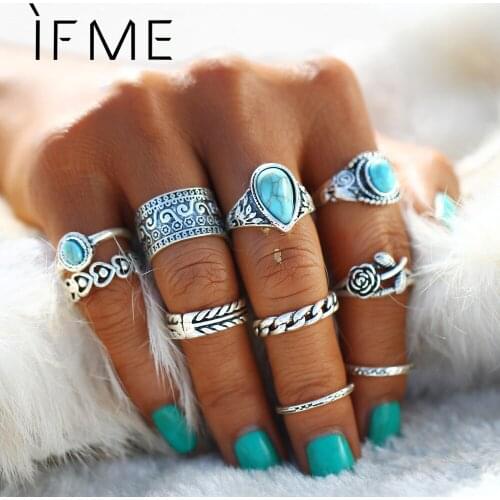 IF ME Retro Midi Rings Set Women Antique Silver color Big Blue Stone Flowers Rings Bohemian Ring Set Jewelry Anillos 10pcs/set